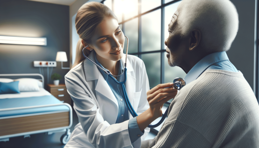 Female doctor using stethoscope while examining black senior patient in hospital ward