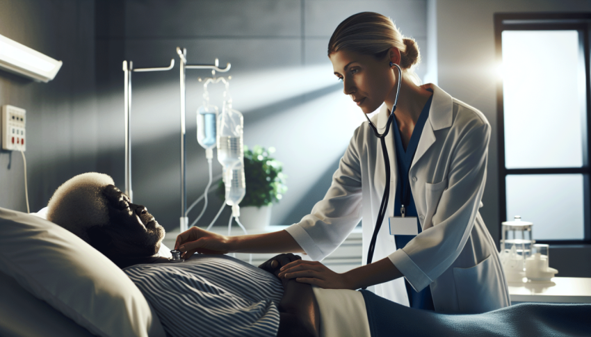 Female doctor using stethoscope while examining black senior patient in hospital ward