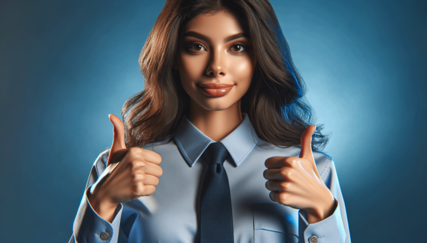 Photo of adorable confident lady dressed shirt showing two thumbs up isolated blue color background