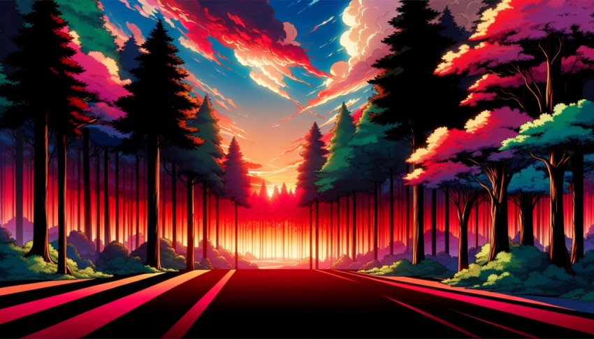 forest ,sunset ,black ,ground ,anime