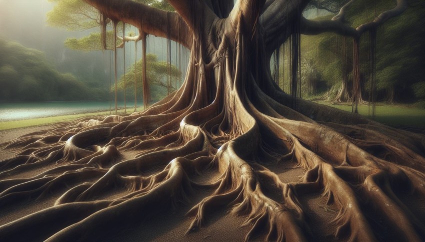 Photograph an ancient tree with sprawling roots overtaking the surrounding landscape  realistic style 1