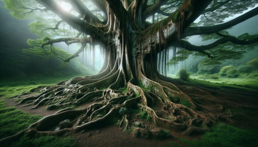 Photograph an ancient tree with sprawling roots overtaking the surrounding landscape  realistic style 3