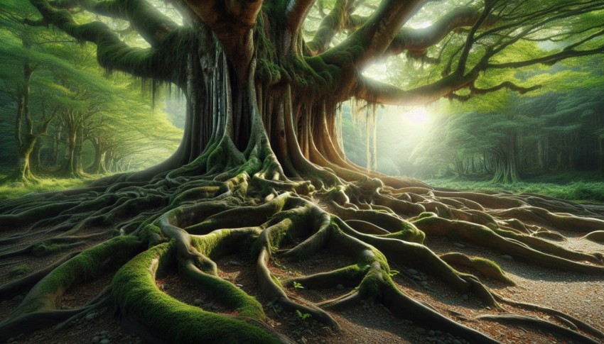 Photograph an ancient tree with sprawling roots overtaking the surrounding landscape  realistic style 4