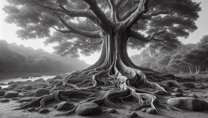 Photograph an ancient tree with sprawling roots overtaking the surrounding landscape  realistic style 5