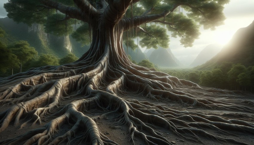 Photograph an ancient tree with sprawling roots overtaking the surrounding landscape  realistic style 6