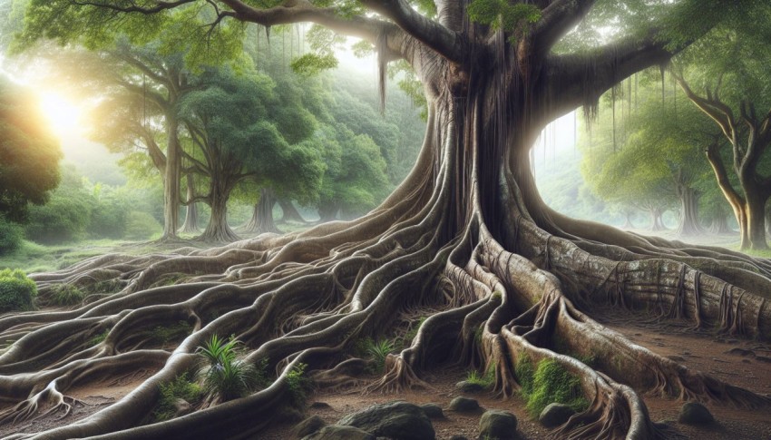 Photograph an ancient tree with sprawling roots overtaking the surrounding landscape  realistic style 7