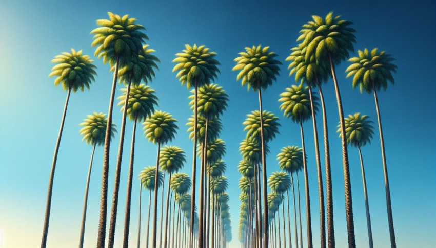 Capture the symmetry of a row of palm trees against a clear blue sky 1