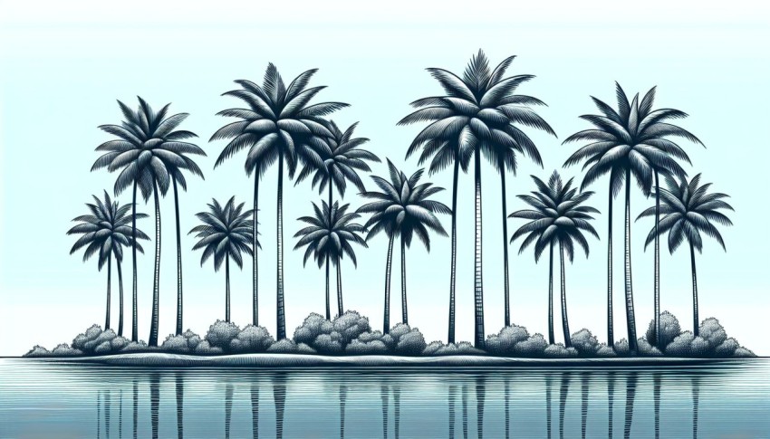 Capture the symmetry of a row of palm trees against a clear blue sky 3