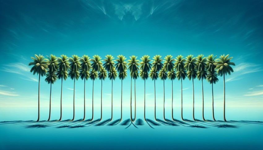 Capture the symmetry of a row of palm trees against a clear blue sky 5