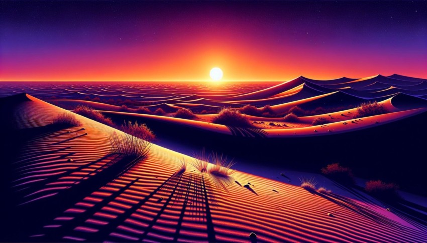 Capture the stark contrast of a desert landscape at sunset  1