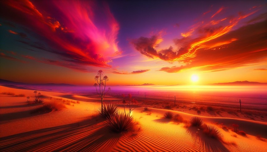 Capture the stark contrast of a desert landscape at sunset  2