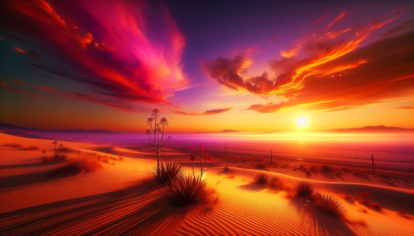 Capture the stark contrast of a desert landscape at sunset  2