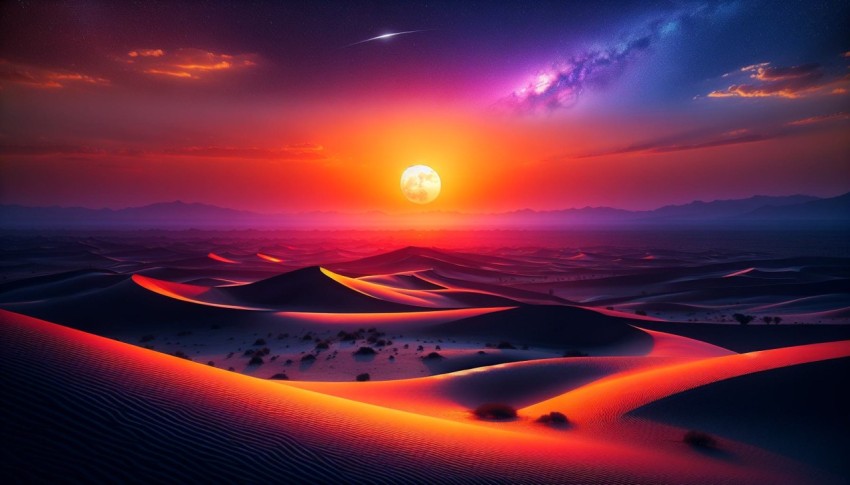 Capture the stark contrast of a desert landscape at sunset  3