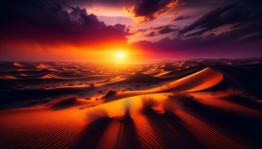 Capture the stark contrast of a desert landscape at sunset  5