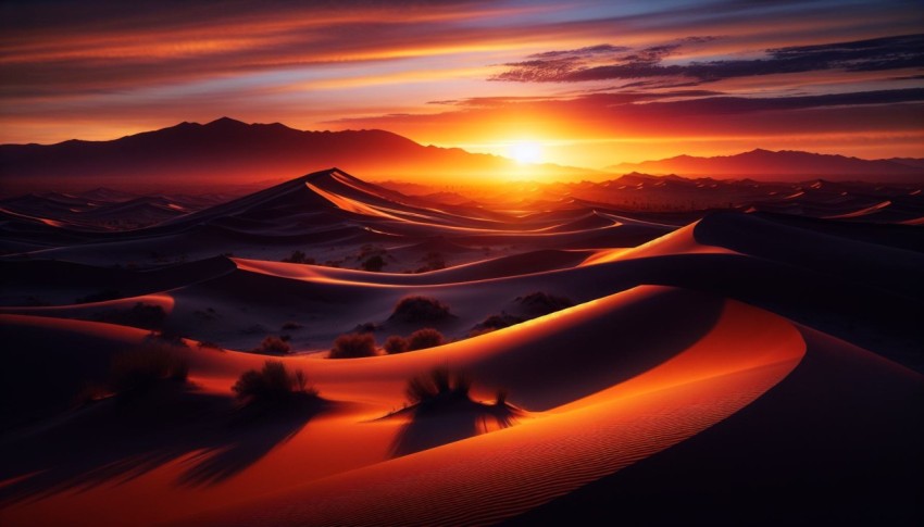 Capture the stark contrast of a desert landscape at sunset  6