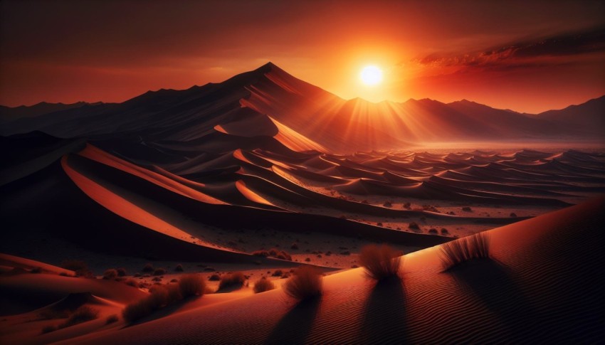 Capture the stark contrast of a desert landscape at sunset  7