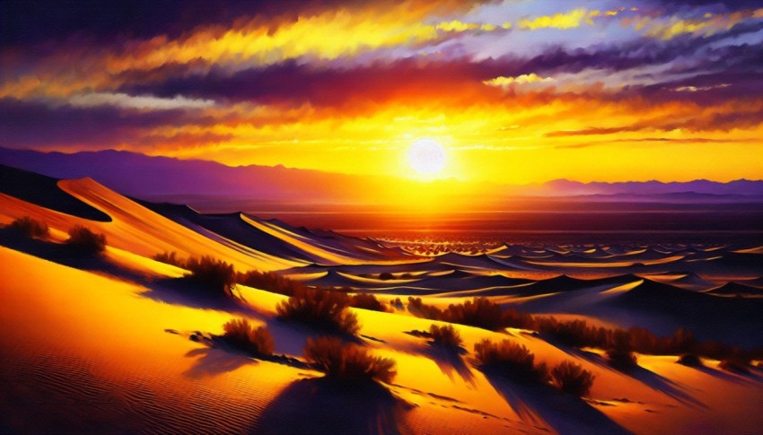 Capture the stark contrast of a desert landscape at sunset  8