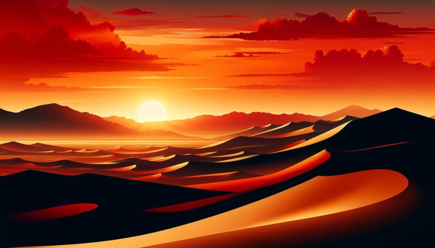 Capture the stark contrast of a desert landscape at sunset  9