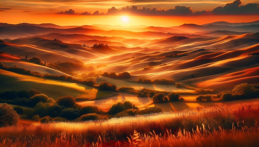 Photograph the rolling hills of a rural countryside in the golden hour 1