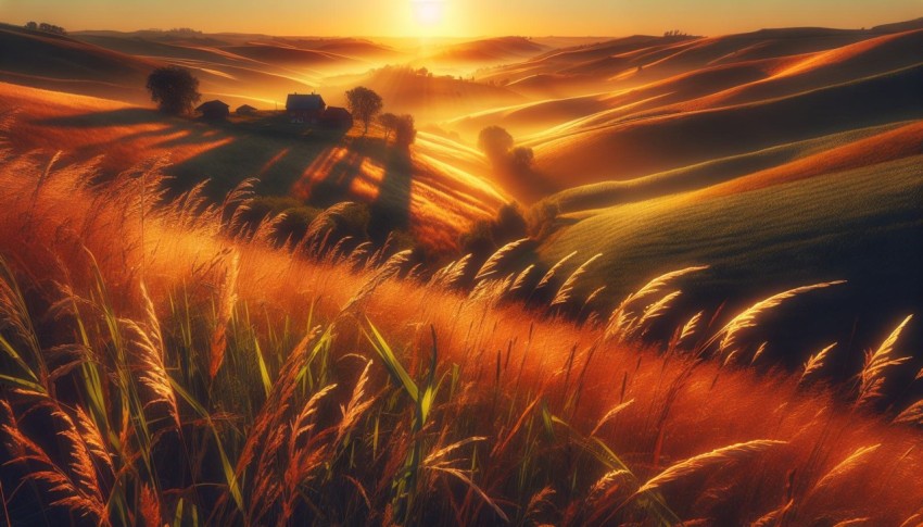 Photograph the rolling hills of a rural countryside in the golden hour 2