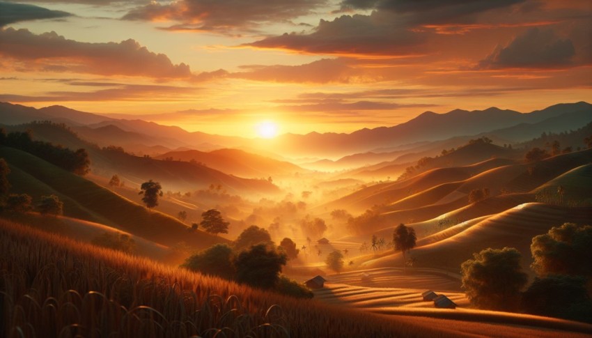 Photograph the rolling hills of a rural countryside in the golden hour 3