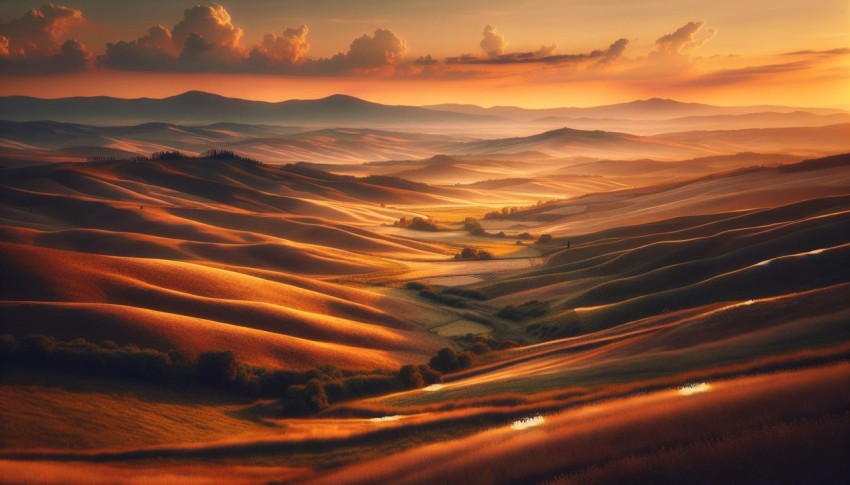 Photograph the rolling hills of a rural countryside in the golden hour 4