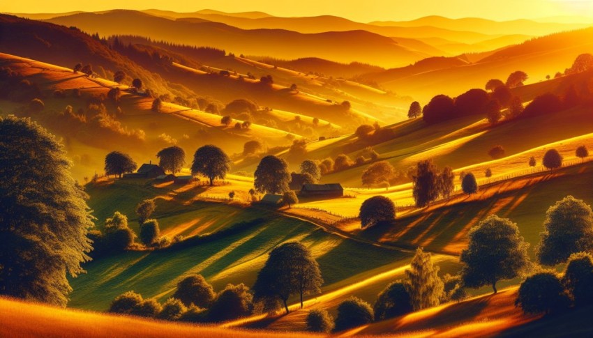 Photograph the rolling hills of a rural countryside in the golden hour 7