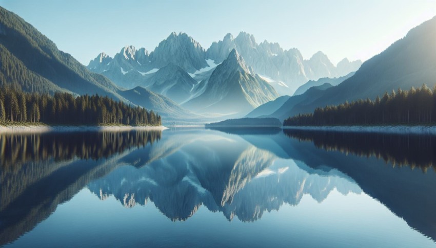 Capture the reflection of a mountain range on the glassy surface of a lake 1