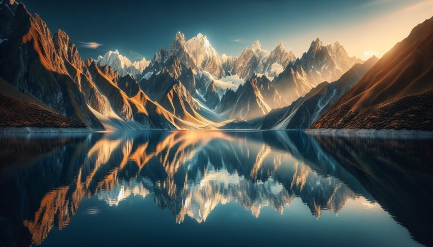 Capture the reflection of a mountain range on the glassy surface of a lake 7