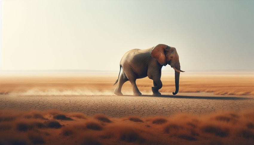 A lone elephant trekking across the dusty plains in search of water 2