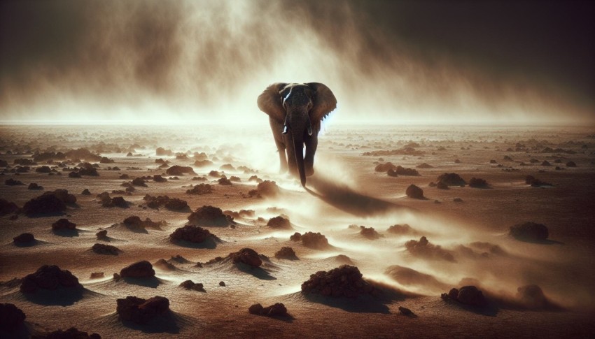 A lone elephant trekking across the dusty plains in search of water 3