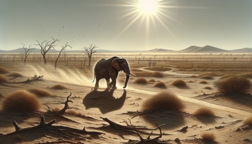 A lone elephant trekking across the dusty plains in search of water 7