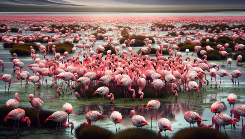 Flock of flamingos feeding on algae in a shallow marshland 1