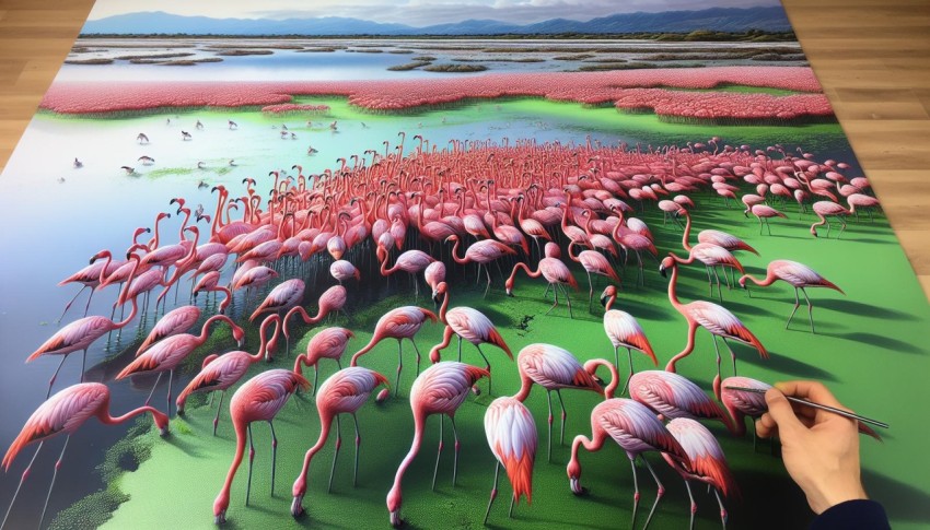 Flock of flamingos feeding on algae in a shallow marshland 2