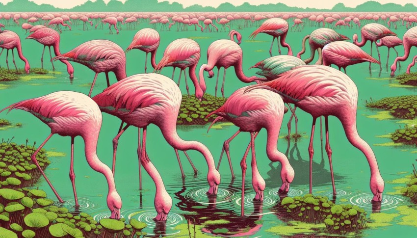 Flock of flamingos feeding on algae in a shallow marshland 3