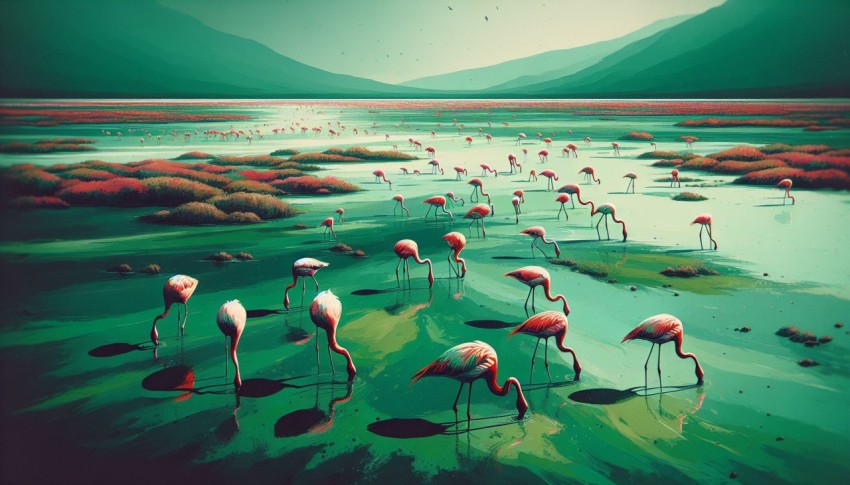 Flock of flamingos feeding on algae in a shallow marshland 4