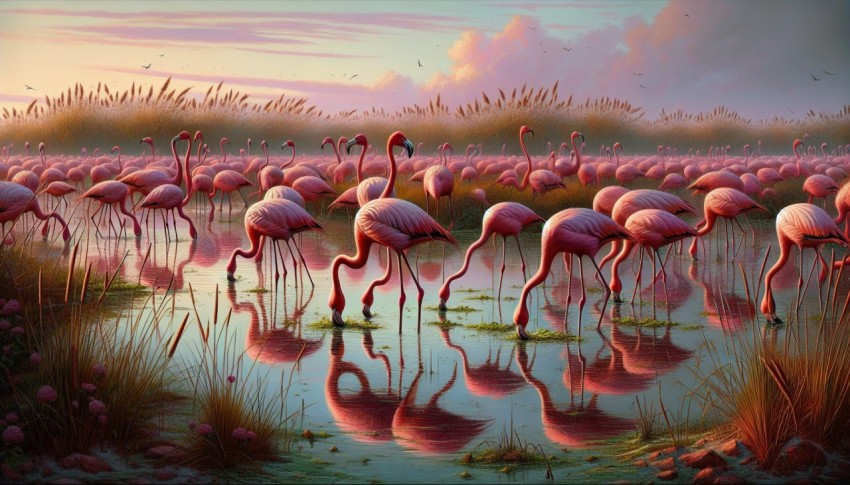 Flock of flamingos feeding on algae in a shallow marshland 5