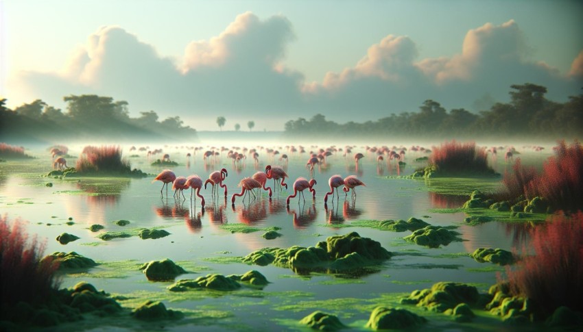 Flock of flamingos feeding on algae in a shallow marshland 6