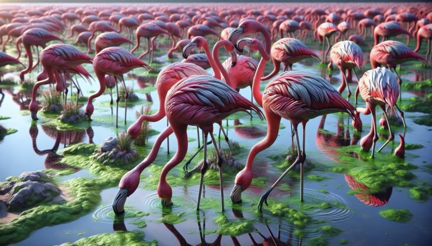 Flock of flamingos feeding on algae in a shallow marshland 7