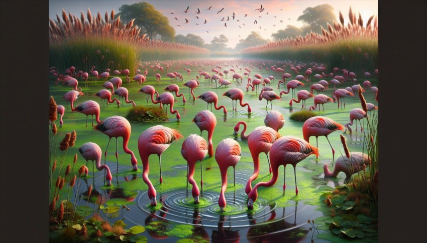 Flock of flamingos feeding on algae in a shallow marshland 8