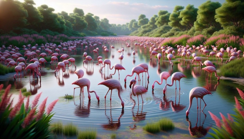 Flock of flamingos feeding on algae in a shallow marshland 9