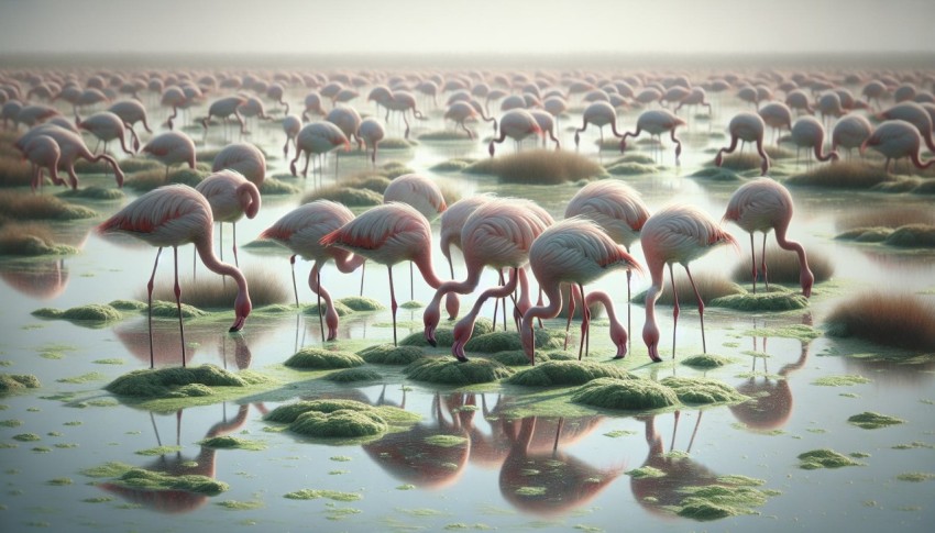 Flock of flamingos feeding on algae in a shallow marshland 10