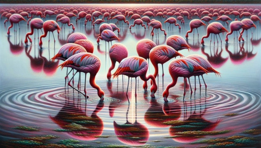 Flock of flamingos feeding on algae in a shallow marshland 11