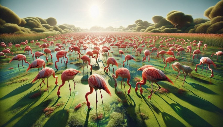 Flock of flamingos feeding on algae in a shallow marshland 12