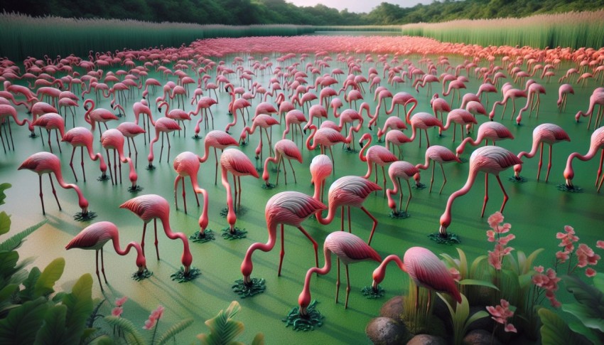 Flock of flamingos feeding on algae in a shallow marshland 13