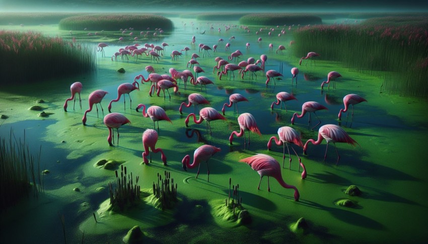 Flock of flamingos feeding on algae in a shallow marshland 14