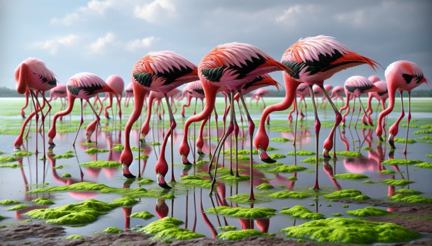 Flock of flamingos feeding on algae in a shallow marshland 15
