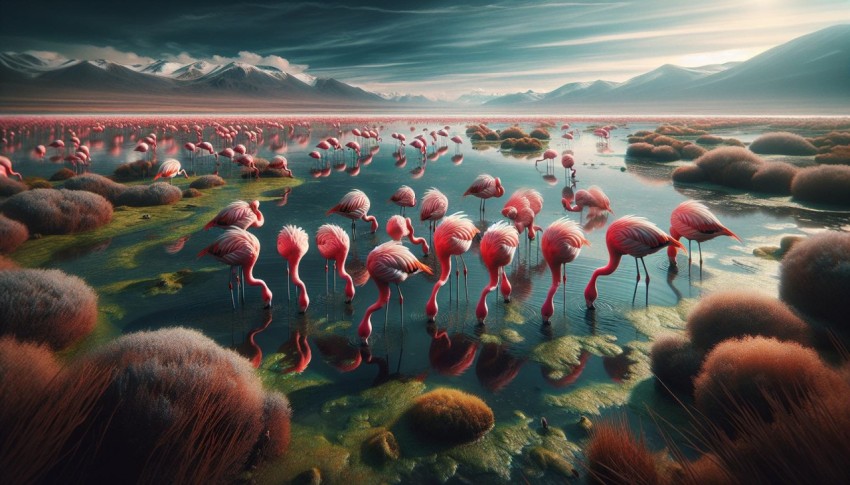 Flock of flamingos feeding on algae in a shallow marshland 16