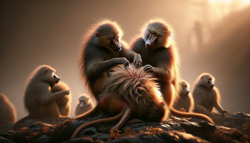 Baboons grooming each other at the start of a day 6