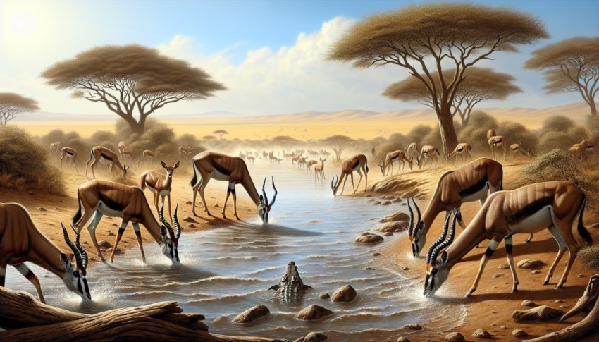 Antelopes cautiously drinking at a crocodile infested river 2